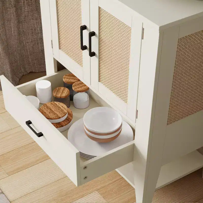 Bahut buffet en rotin avec tiroir, meuble de rangement, armoire d'appoint pour café blanc, meuble de cuisine, console pour entrée, salon