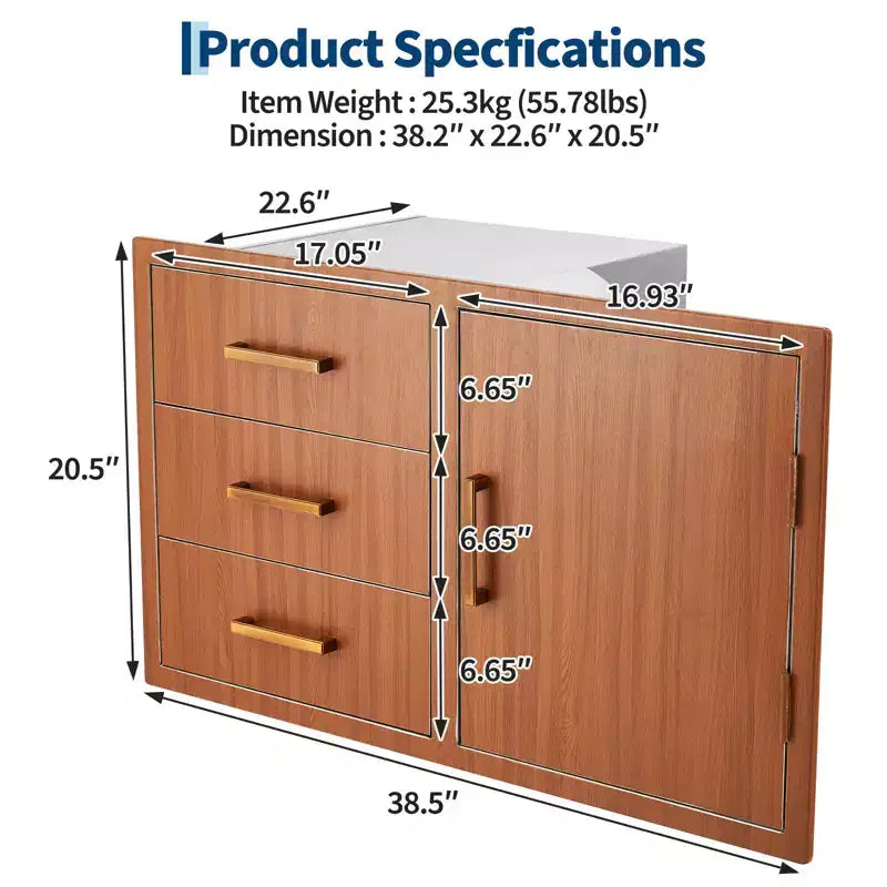 Ensemble de tiroirs et d'armoires de cuisine d'extérieur en acier inoxydable avec anneau de déchets réglable, montage encastré résistant aux intempéries - 38,2 L x 20,5 H x 22,6 P