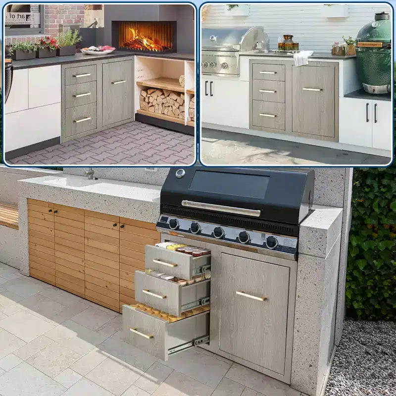 Ensemble de tiroirs et d'armoires de cuisine d'extérieur en acier inoxydable avec anneau de déchets réglable, montage encastré résistant aux intempéries - 38,2 L x 20,5 H x 22,6 P