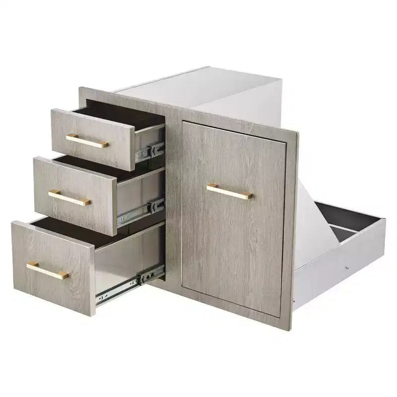 Stainless Steel Outdoor Kitchen Drawer Cabinet Combo  Adjustable Garbage Ring, Weather-Resistant Flush Mount  38.2 W x 20.5 H x 22.6 D
