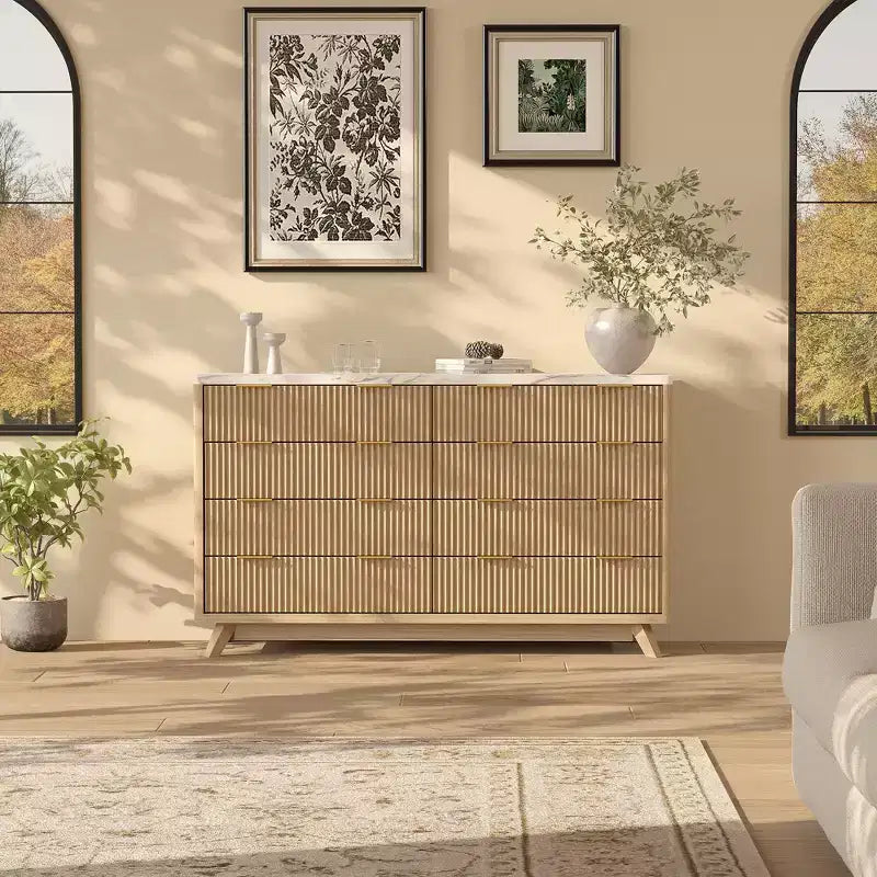 Commode, 54 pouces de large, 8 tiroirs cannelés, meuble de rangement moderne en bois, organisateur de placard et meuble TV