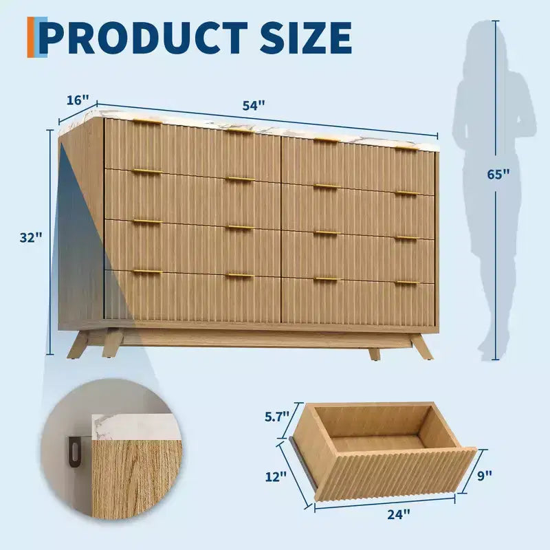 Commode, 54 pouces de large, 8 tiroirs cannelés, meuble de rangement moderne en bois, organisateur de placard et meuble TV
