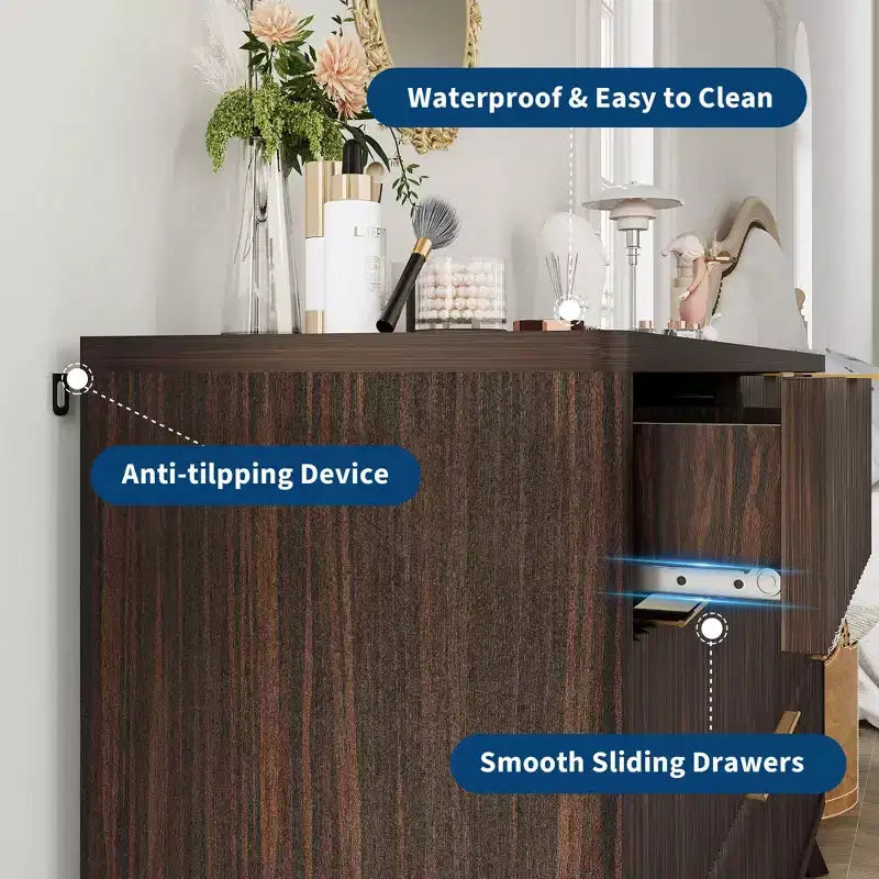 Commode, 54 pouces de large, 8 tiroirs cannelés, meuble de rangement moderne en bois, organisateur de placard et meuble TV