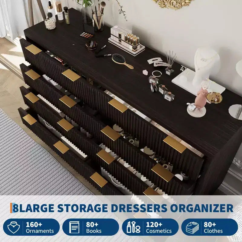 Commode, 54 pouces de large, 8 tiroirs cannelés, meuble de rangement moderne en bois, organisateur de placard et meuble TV