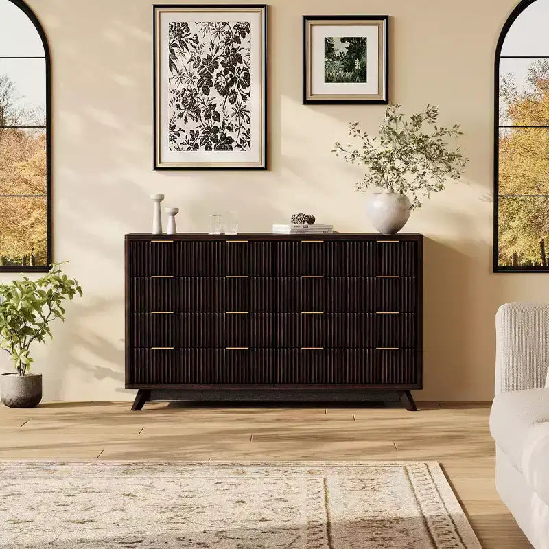 Commode, 54 pouces de large, 8 tiroirs cannelés, meuble de rangement moderne en bois, organisateur de placard et meuble TV