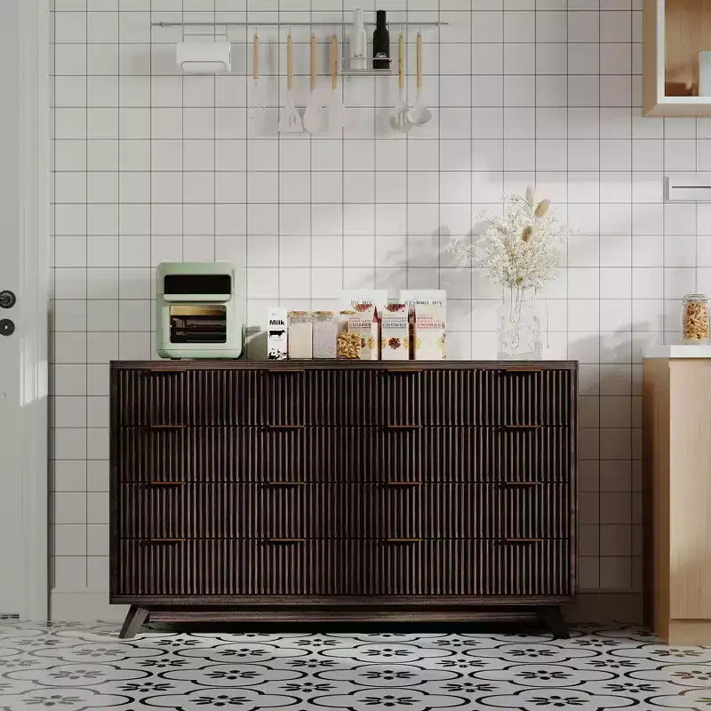 Commode, 54 pouces de large, 8 tiroirs cannelés, meuble de rangement moderne en bois, organisateur de placard et meuble TV