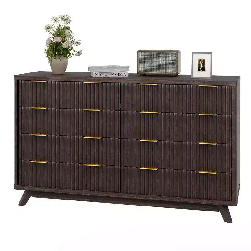 Commode, 54 pouces de large, 8 tiroirs cannelés, meuble de rangement moderne en bois, organisateur de placard et meuble TV
