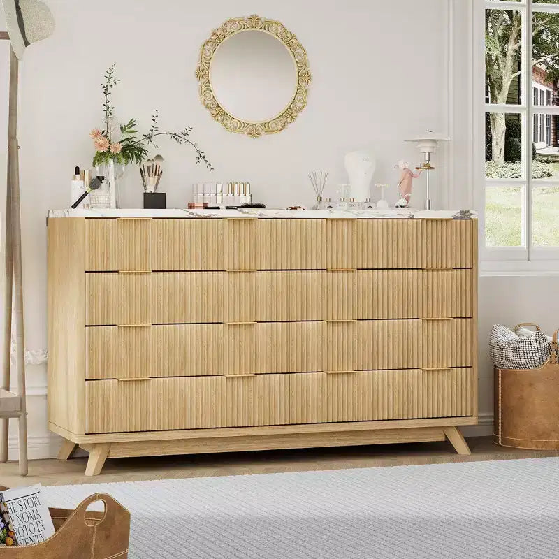 Commode, 54 pouces de large, 8 tiroirs cannelés, meuble de rangement moderne en bois, organisateur de placard et meuble TV