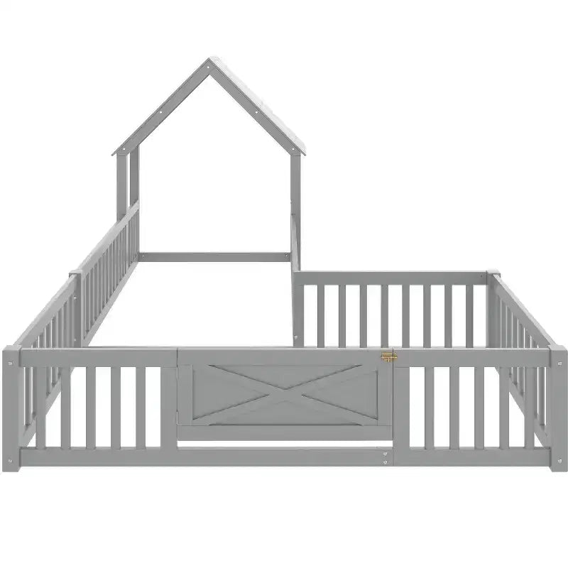 Lit cabane double/grand format avec porte et barrières de sécurité, lit plateforme double en bois pour enfants