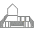 Lit cabane double/grand format avec porte et barrières de sécurité, lit plateforme double en bois pour enfants