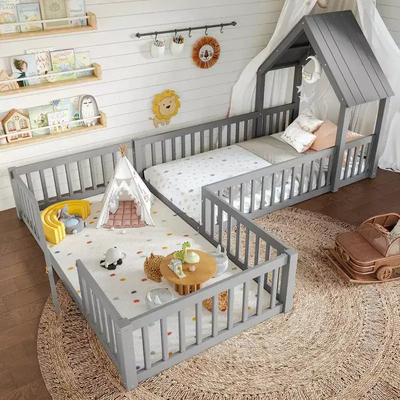 Lit cabane double/grand format avec porte et barrières de sécurité, lit plateforme double en bois pour enfants