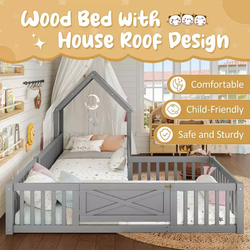 Lit cabane double/grand format avec porte et barrières de sécurité, lit plateforme double en bois pour enfants