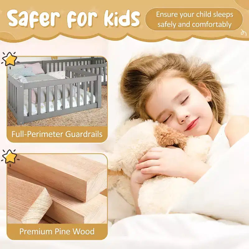 Lit cabane double/grand format avec porte et barrières de sécurité, lit plateforme double en bois pour enfants