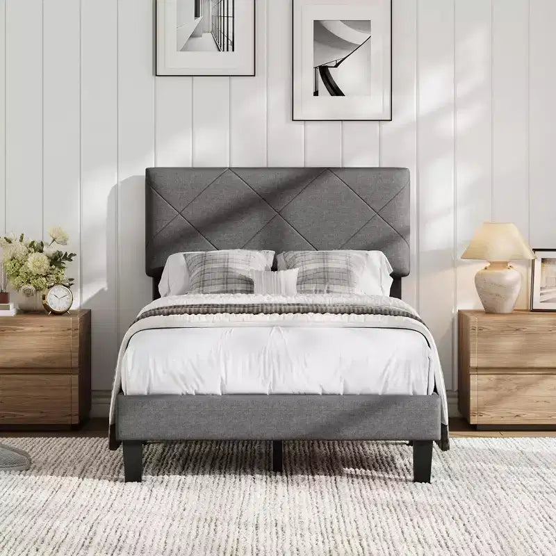Bed Frame with Upholstered Headboard, Twin Platform Bedframe with Wooden Slats Support, Easy Assembly Mattress Foundation, No Box Spring Needed