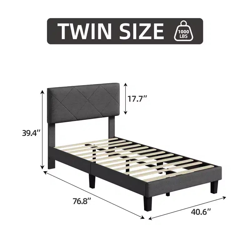 Cadre de lit avec tête de lit capitonnée, sommier tapissier double avec support de lattes en bois, assemblage facile, aucun sommier tapissier requis