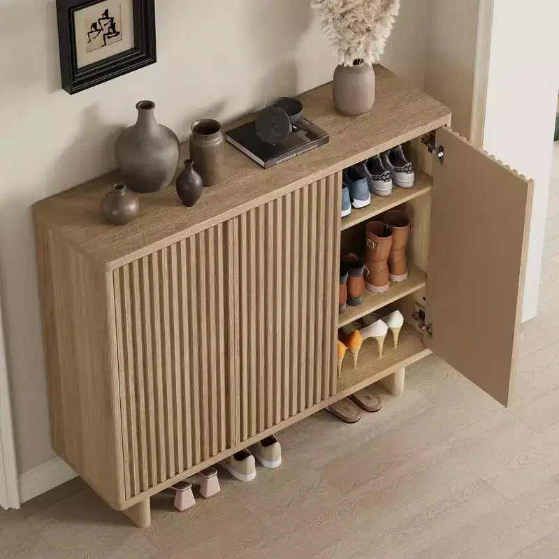 Meuble à chaussures rustique à 5 niveaux avec porte cannelée, banc de rangement de 117 cm pour entrée, salon ou hall