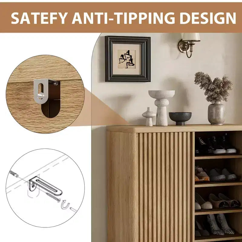 Meuble à chaussures rustique à 5 niveaux avec porte cannelée, banc de rangement de 117 cm pour entrée, salon ou hall