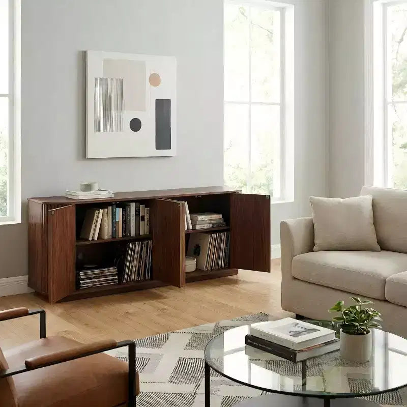 JVNOXK Buffet meuble de rangement meuble TV avec motif vague Buffet Armoire en bois à rayures verticales pour entrée. Noyer