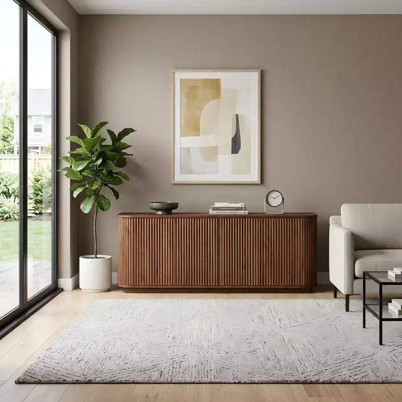 JVNOXK Buffet meuble de rangement meuble TV avec motif vague Buffet Armoire en bois à rayures verticales pour entrée. Noyer