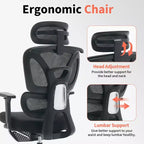 Chaise de bureau ergonomique en maille pour bureau à domicile, bureau, jeu Soutien lombaire réglable, accoudoirs 3D, appuie-tête et repose-pieds Maille noire respirante, cadre noir