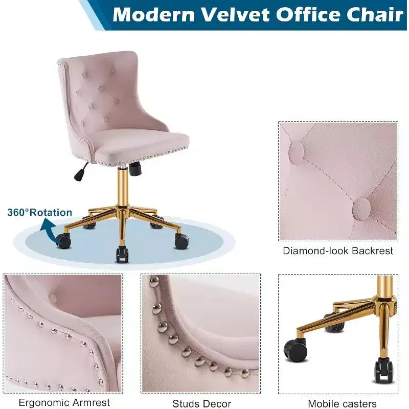 VINGLI Chaise de bureau sans accoudoirs en velours, jolie chaise de coiffeuse/maquillage rembourrée avec dossier pour chambre à coucher et pour femmes/filles