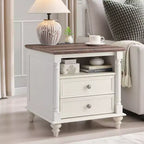 24 Farmhouse End Table with Charging Station, Square Nightstand with 4 Solid Wood Feet & 2 Drawers for Living Room, Bedroom
