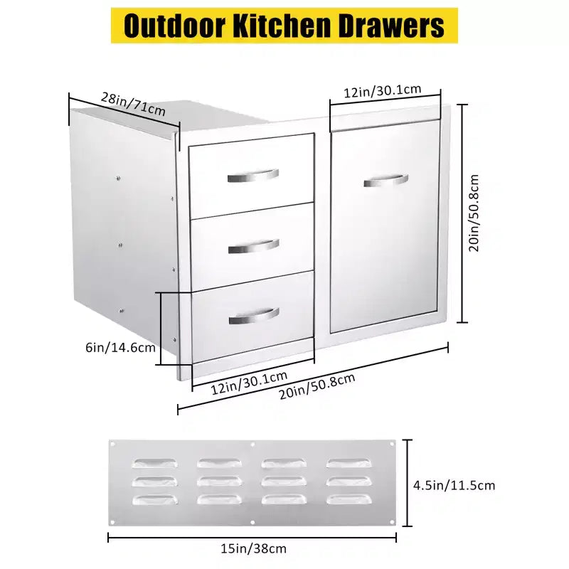 Meuble d'extérieur 3 tiroirs en acier inoxydable - Combo de rangement encastré étanche avec accès barbecue et tiroirs poubelle