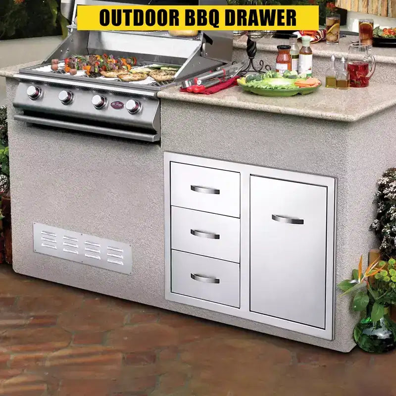 Meuble d'extérieur 3 tiroirs en acier inoxydable - Combo de rangement encastré étanche avec accès barbecue et tiroirs poubelle