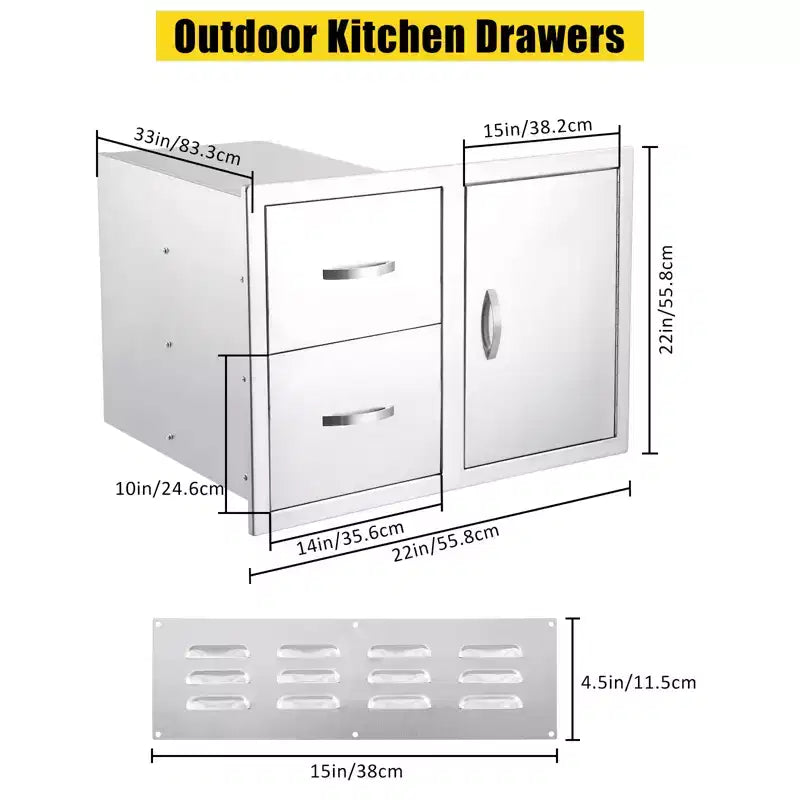 Meuble d'extérieur 3 tiroirs en acier inoxydable - Combo de rangement encastré étanche avec accès barbecue et tiroirs poubelle