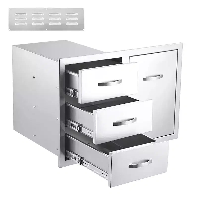 Meuble d'extérieur 3 tiroirs en acier inoxydable - Combo de rangement encastré étanche avec accès barbecue et tiroirs poubelle