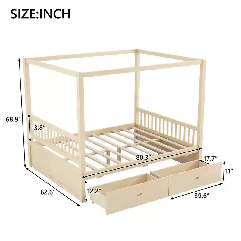 Lit plateforme à baldaquin moderne en bois Luxystar avec 2 tiroirs de rangement