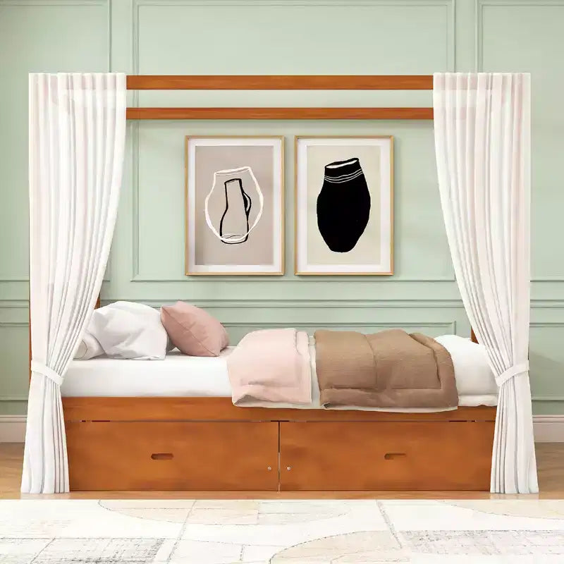 Lit plateforme à baldaquin moderne en bois Luxystar avec 2 tiroirs de rangement