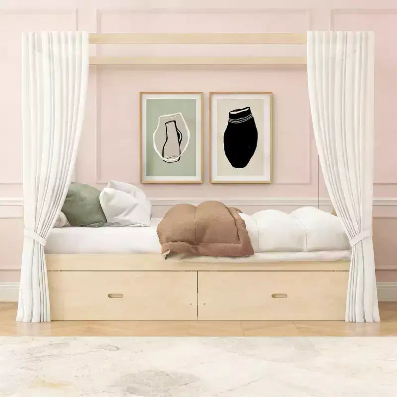 Lit plateforme à baldaquin moderne en bois Luxystar avec 2 tiroirs de rangement