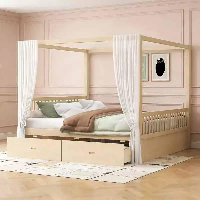 Luxystar Modern Wood Canopy Platform Bed with 2 Storage Drawers