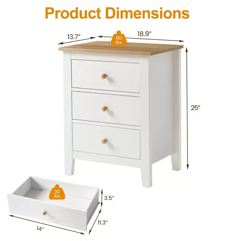 Table de chevet à 3 tiroirs avec poignées en bois massif