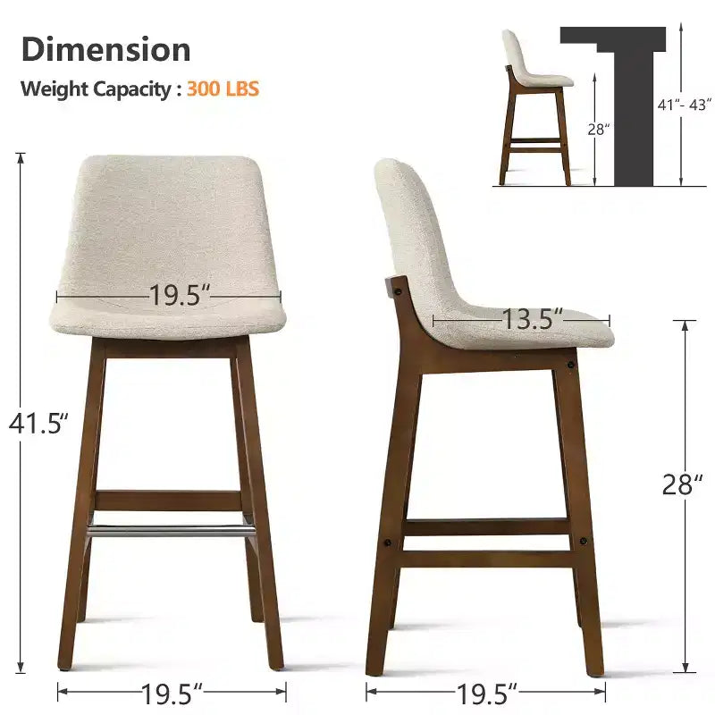 Lot de 2 tabourets de bar modernes du milieu du siècle avec dossiers, chaises hautes rembourrées de 71 cm avec pieds en bois massif - Panipeachy