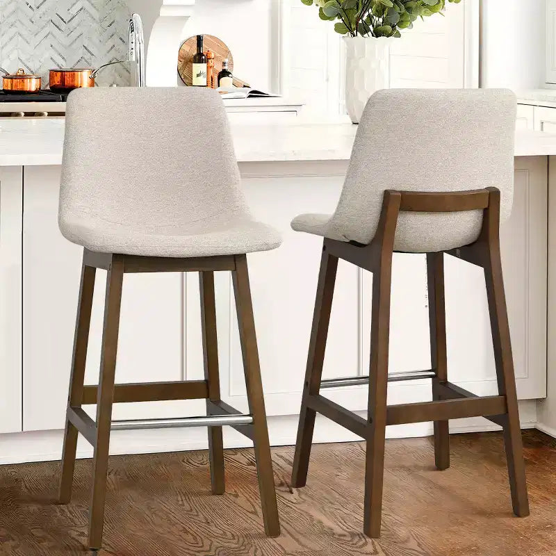 Set of 2 Mid-Century Modern Bar Stools with Backs, 28 Upholstered High Chairs with Solid Wood Legs - Panipeachy
