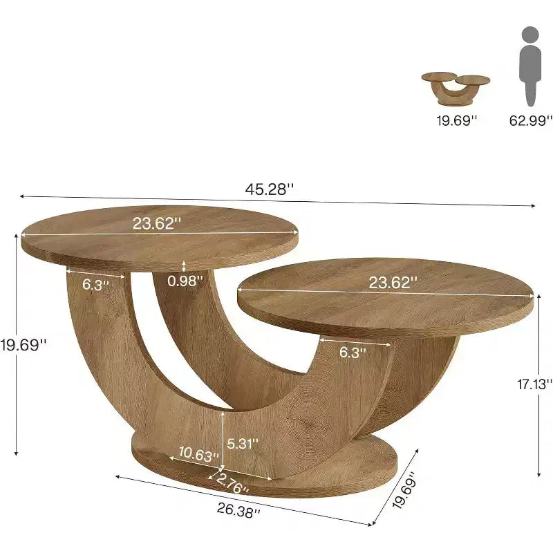 Table basse ronde Lantine de 46 pouces, table basse de salon moderne avec cadre fantaisie en forme de U, table de thé basse d'appoint pour maison, appartement, chêne
