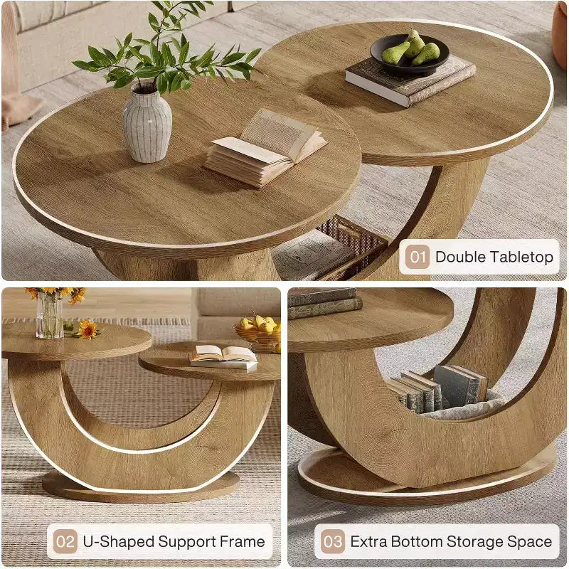 Table basse ronde Lantine de 46 pouces, table basse de salon moderne avec cadre fantaisie en forme de U, table de thé basse d'appoint pour maison, appartement, chêne