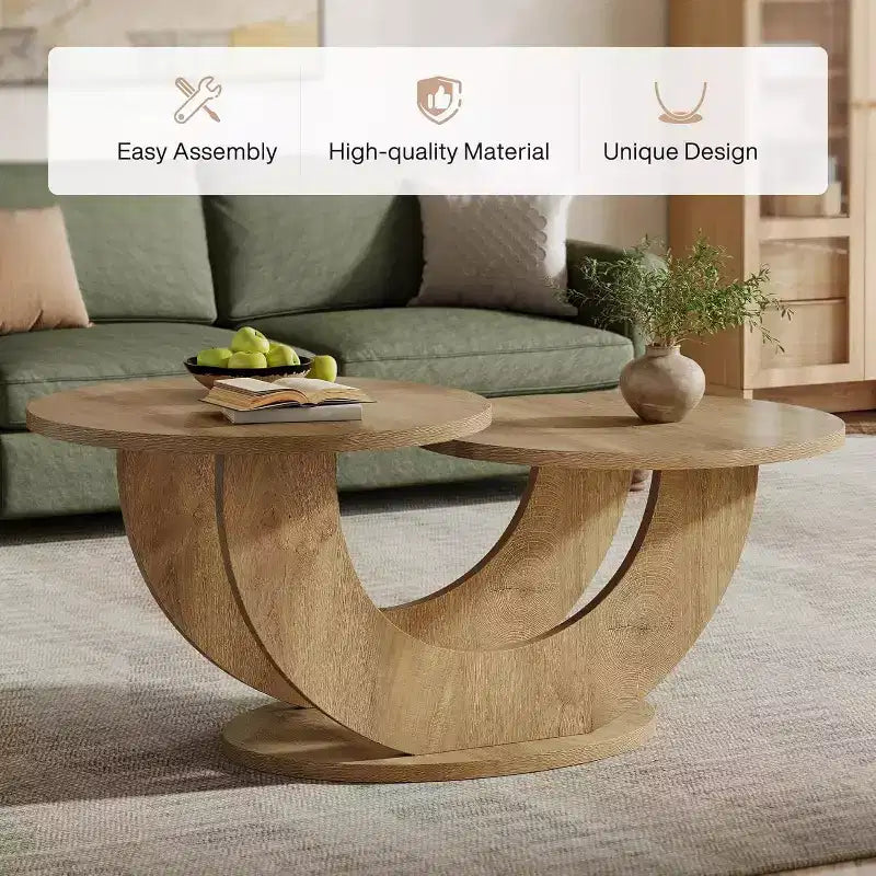 Table basse ronde Lantine de 46 pouces, table basse de salon moderne avec cadre fantaisie en forme de U, table de thé basse d'appoint pour maison, appartement, chêne