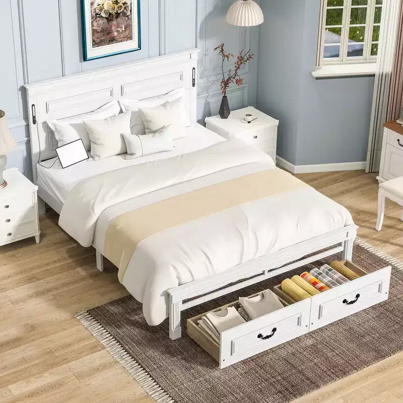 Lit et cadre de lit en bois Whisen Queen avec tête et pied de lit à panneau haut, 2 tiroirs de rangement