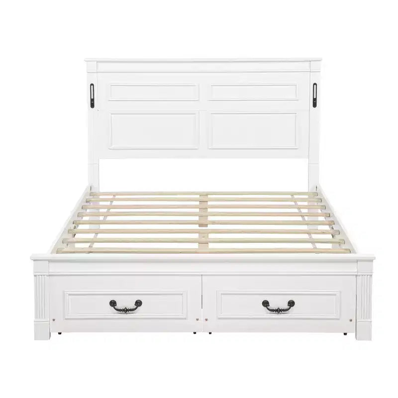 Lit et cadre de lit en bois Whisen Queen avec tête et pied de lit à panneau haut, 2 tiroirs de rangement