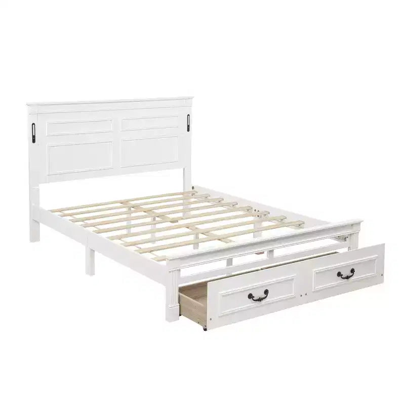Lit et cadre de lit en bois Whisen Queen avec tête et pied de lit à panneau haut, 2 tiroirs de rangement