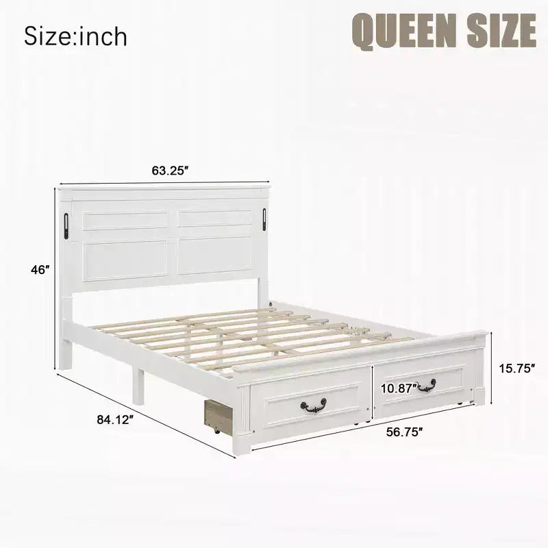Lit et cadre de lit en bois Whisen Queen avec tête et pied de lit à panneau haut, 2 tiroirs de rangement