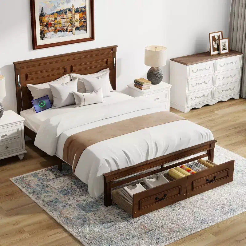 Lit et cadre de lit en bois Whisen Queen avec tête et pied de lit à panneau haut, 2 tiroirs de rangement
