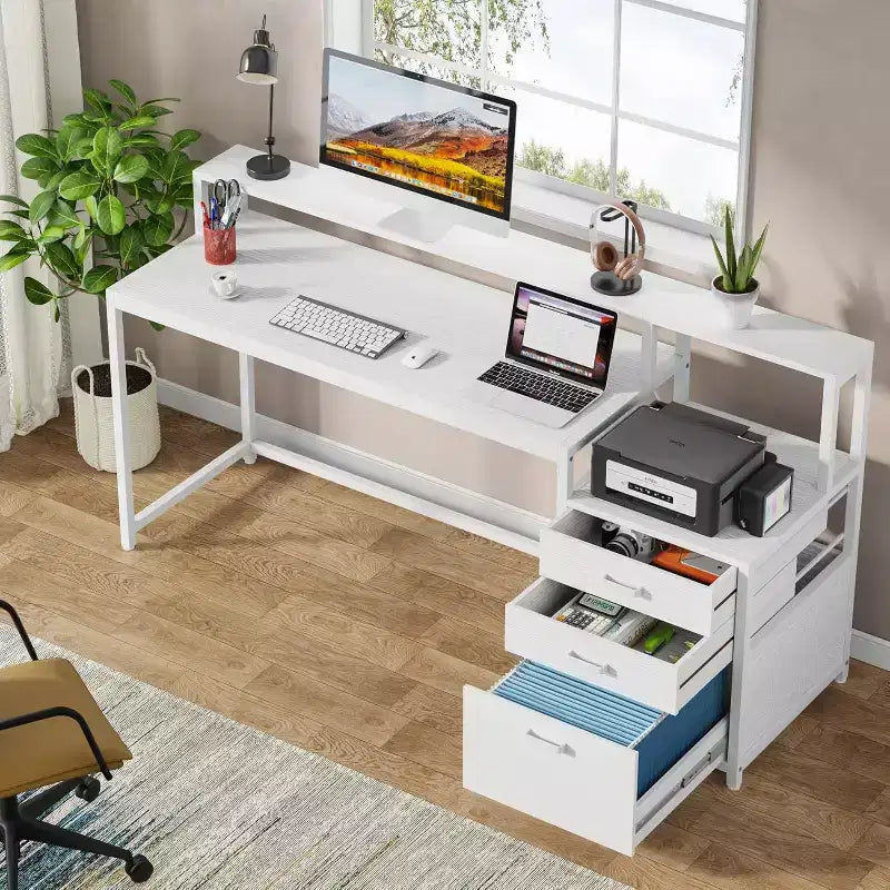 Bureau d'ordinateur blanc Lantine 63 pouces : Bureau ergonomique avec tiroir de classement, support d'écran, espace imprimante, poste de travail en bois idéal pour le bureau à domicile.