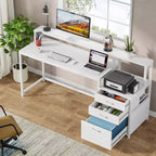 Bureau d'ordinateur blanc Lantine 63 pouces : Bureau ergonomique avec tiroir de classement, support d'écran, espace imprimante, poste de travail en bois idéal pour le bureau à domicile.