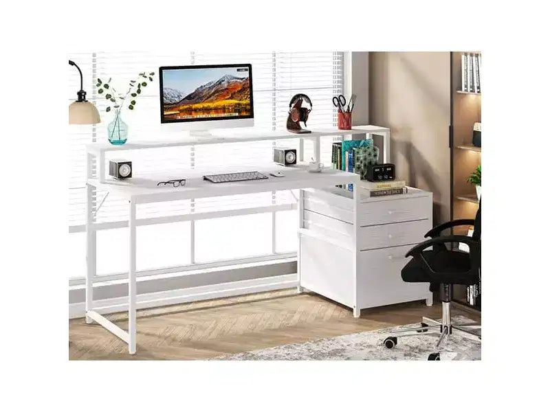 Bureau d'ordinateur blanc Lantine 63 pouces : Bureau ergonomique avec tiroir de classement, support d'écran, espace imprimante, poste de travail en bois idéal pour le bureau à domicile.