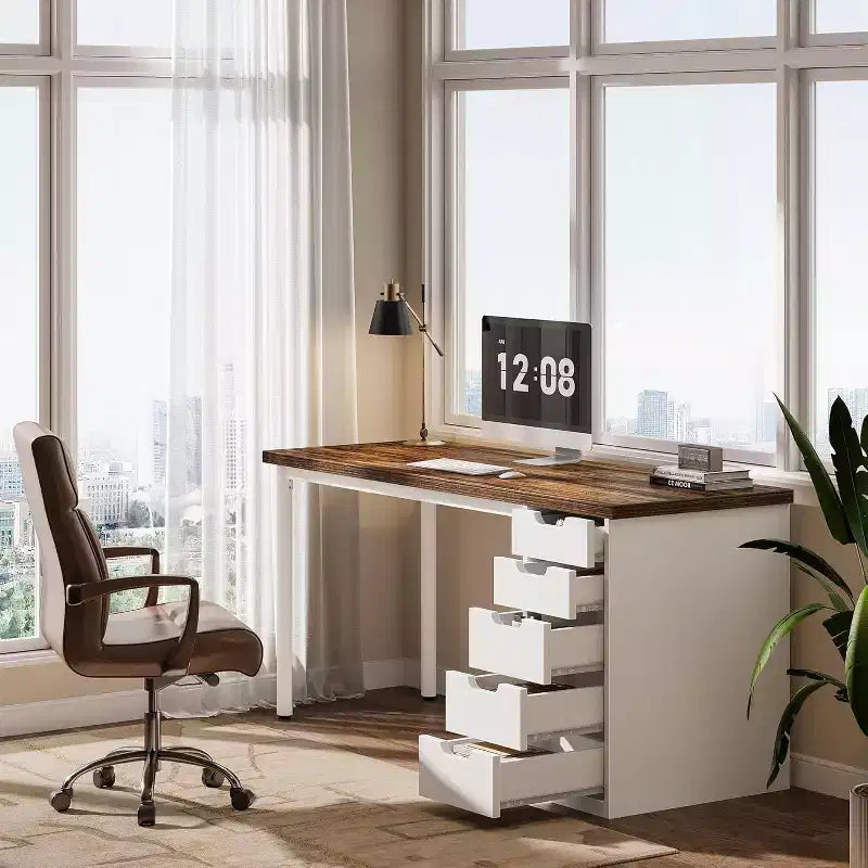 Bureau d'ordinateur moderne Lantine de 47 pouces, bureau d'ordinateur avec 5 tiroirs réversibles, table d'étude pour le bureau à domicile et les petits espaces, marron et blanc