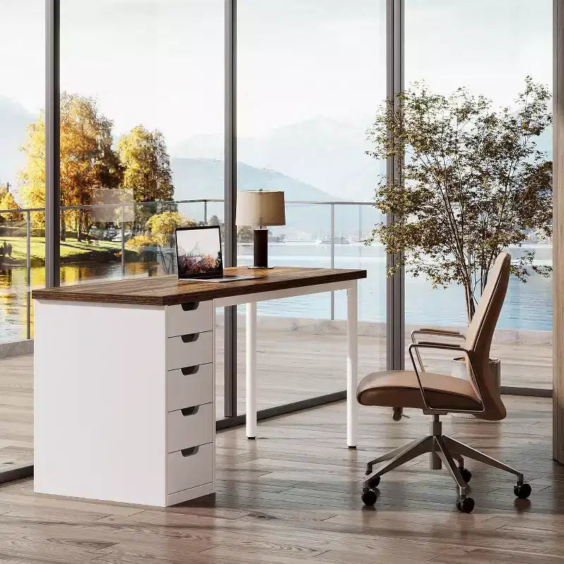 Bureau d'ordinateur moderne Lantine de 47 pouces, bureau d'ordinateur avec 5 tiroirs réversibles, table d'étude pour le bureau à domicile et les petits espaces, marron et blanc